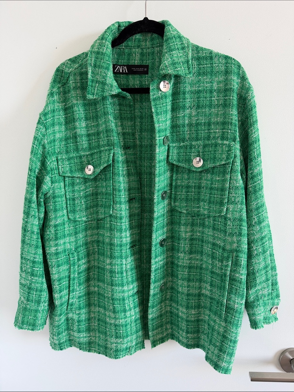 Zara Bright Green Tweed Button-Up Jacket